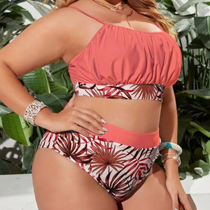 Conjunto de estampado de plantas nuevas de fábrica, <span class=keywords><strong>tirantes</strong></span> plisados en el pecho, cintura alta dividida, <span class=keywords><strong>Bikini</strong></span> de talla grande, traje de baño - Product Image 5