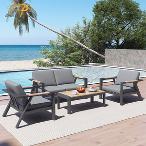 Set Divano da Esterno 4 Pezzi <span class=keywords><strong>in</strong></span> Alluminio Idrorepellente con Decorazioni <span class=keywords><strong>in</strong></span> <span class=keywords><strong>Legno</strong></span> Teak <span class=keywords><strong>per</strong></span> Terrazze di Resort e Ville - Product Image 2