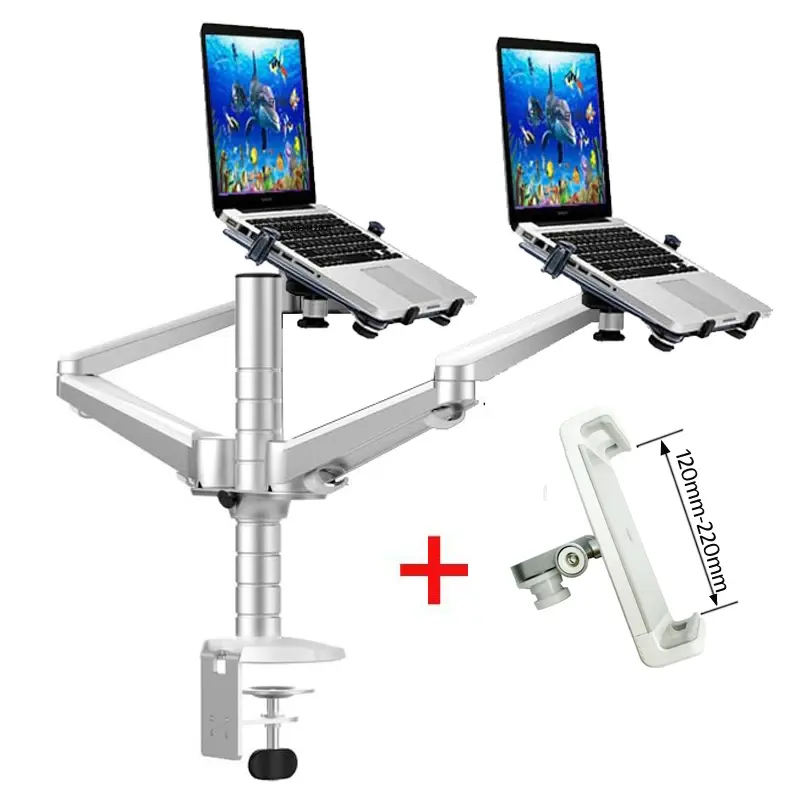 Suporte de mesa multifuncional para laptop OA-12X, suporte de alumínio duplo com braço duplo, suporte duplo para mesa de laptop de 10"-15" base de braçadeira 65mm