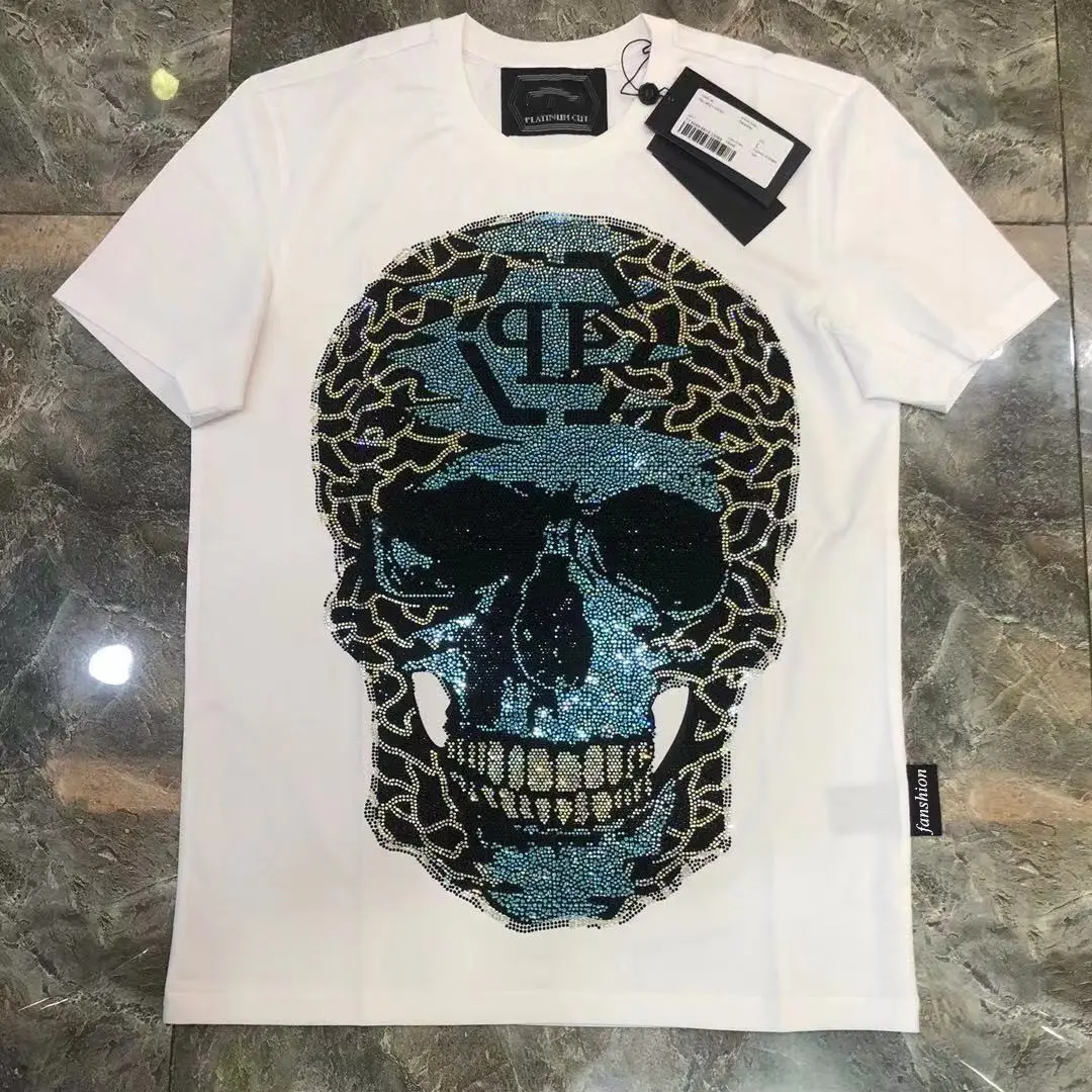 New Arrival High Quality Luxury Brand Mens tee-shirt Cotton Knitted rhinestone transfer Graphic Skull T Shirt