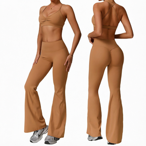 Solid High Waist Flared <b>Leggings</b> With Ruched Butt Lift Design <b>For</b> <b>Women</b> Yoga Sport Pants Seamless Four Way Stretch Full Length - Product Image 1