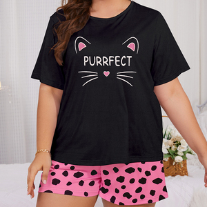 Ensemble de pyjama pour femmes avec imprimé chat mignon, <span class=keywords><strong>taille</strong></span> plus, imprimé lettres de dessin animé, manches courtes avec shorts, vêtements de nuit été, vêtements de détente - Product Image 4