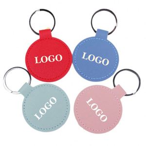 Custom Engraved Logo Metal <b>Personalized</b> <b>Key</b> <b>Ring</b> Accessory Pu Leather Round Shape Keychain Gifts for Men Women - Product Image 1