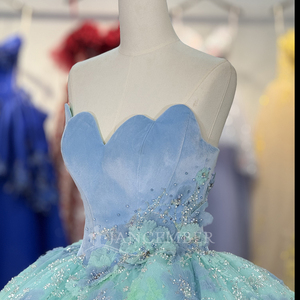 Robes de Quinceañera vertes et bleues à épaules dénudées, fleurs 3D, col cœur perlé, robe de 15 ans Dy6884 - Product Image 3