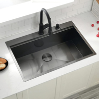Haute qualité PVD noir au-dessus du comptoir Topmount bol unique en acier inoxydable 304 cuisine évier artisanal avec accessoires