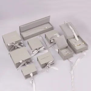 Matte Gray Printed Factory Custom LOGO White Velvet Foam Insert Paper jewellery ring box with luxury ribbon