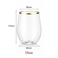 Copa de Vino sin Tallo de Plástico PET Irrompible de 16 oz con Borde Dorado, Impresión Personalizada