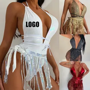 2024 Sexy luxe col en V une pièce maillot de bain avec jupe courte femmes couvrir maillots de bain gland maillots de bain personnalisé brillant Bikini ensemble