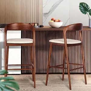Nordic Solid Wood Bar Chairs Home 75cm Height Feet Bar Stools Modern Leather Wood Design Kitchen Chair