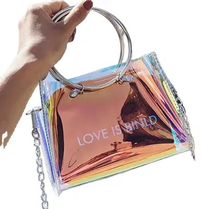 Customized jelly chain crossbody plastic bag fashion lady women's mini shoulder tote transparent clear pvc handbag