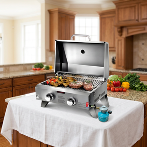 Parrilla de Gas de Mesa de Acero Inoxidable de Primera Calidad con Dos Quemadores, 12.5 kg, para 3-5 Personas, para Acampar, Jardín, Picnic - Product Image 1
