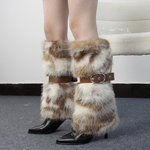 Bottes d'hiver chics de style <span class=keywords><strong>européen</strong></span> et américain pour femmes, talon aiguille, polyuréthane, mi-mollet, fausse fourrure de renard, antidérapantes, chaudes, bottes de neige - Product Image 3
