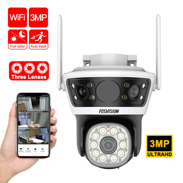 FOSVISION IP66 WIFI Camera Three Screens Display 3MP Camera Smart Home PTZ HiEasy Wireless IP Cameras
