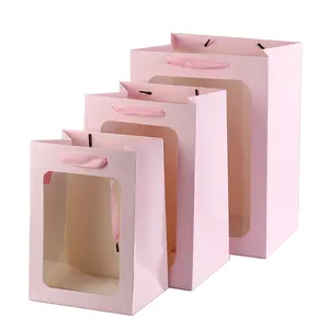 Wholesale Creative Waterproof Flower Paper Pink Gift Bag Bouquet Handbag With Pvc Transparent Window