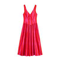 Robe midi décontractée d'été pour femme, rouge, col en V, dos évidé, fermeture éclair, motif rayé, sans manches, tendance