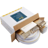 175 pièces de sets de vaisselle en plastique doré avec couverts jetables, gobelets, serviettes pour les fêtes de mariage