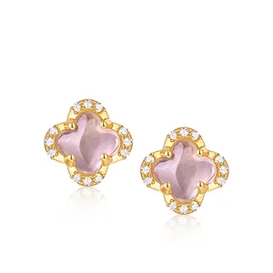 Lucky Sterling silver 925 jewelry gold stud rose quartz four leaf clover earrings