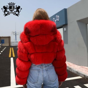 Janefur Fashion Design Manteau à capuche en fourrure à manches longues Veste en fourrure de renard recadrée Manteau de fourrure d'hiver Femmes - Product Image 5