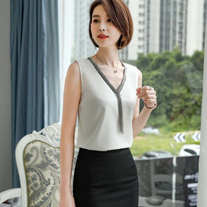 Women's V Neck Sleeveless Camisole Top With Tassel Detail Solid Color Polyester Blouse For Office Wear - Product Image 1