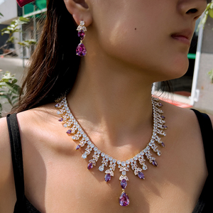 Di lusso placcato oro viola zirconio cubico grande grosse gocce d'acqua collana di nozze spettacolo di gioielli da sposa set - Product Image 5