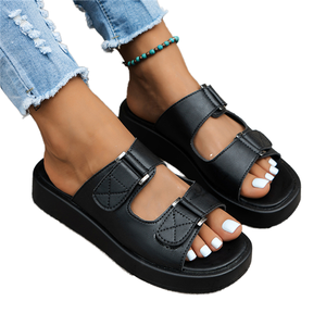 Sandalias de mujer casuales y elegantes con suela gruesa y doble hebilla, con puntera abierta, para playa y exteriores, tipo pantuflas, de goma transpirable - Product Image 1