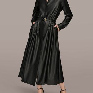 Robe midi élégante en cuir personnalisable pour femme, col rabattu, coupe trapèze, manches longues, décontractée, pour l'automne - Product Image 1