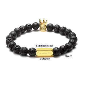 New Fashion Natural Stone Lava Stone Bead Logo personalizzato testo acciaio inossidabile CZ Imperial Crown Beads bracciale elastico per coppie - Product Image 2