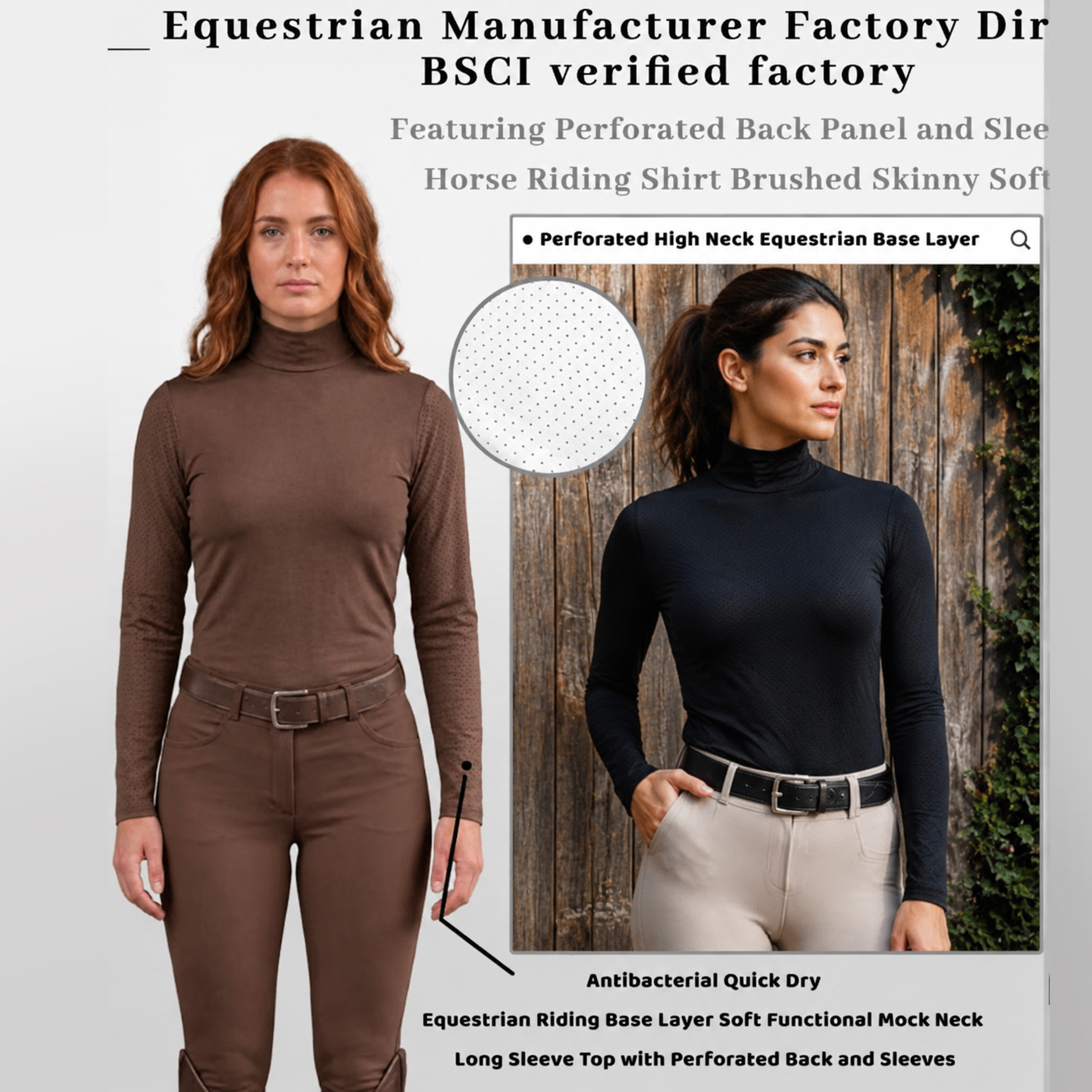 Antibacterial Quick Dry Equestrian Riding Base Layer Soft Functional Mock Neck Long Sleeve Top with Perforated Back and Sleeves