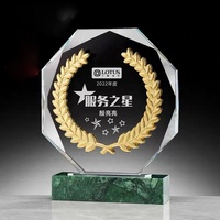 Trophée en cristal personnalisé gravé en or avec motif d'épi de blé, plaque de récompense en verre avec base en marbre vert et bois, cristal transparent MH-NJ0915
