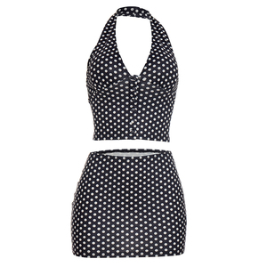 Viviblook Y26ST093 Ensemble deux pièces sexy d'été pour femme : débardeur dos nu à boutons et jupe mini moulante à pois - Product Image 4