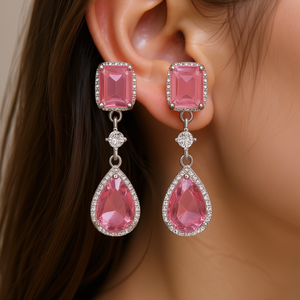 Boucles d'oreilles pendantes roses E3038 avec cristaux taillés en forme de poire et sertissage clos pour femme, style romantique, bijoux de mode pour soirée - Product Image 2
