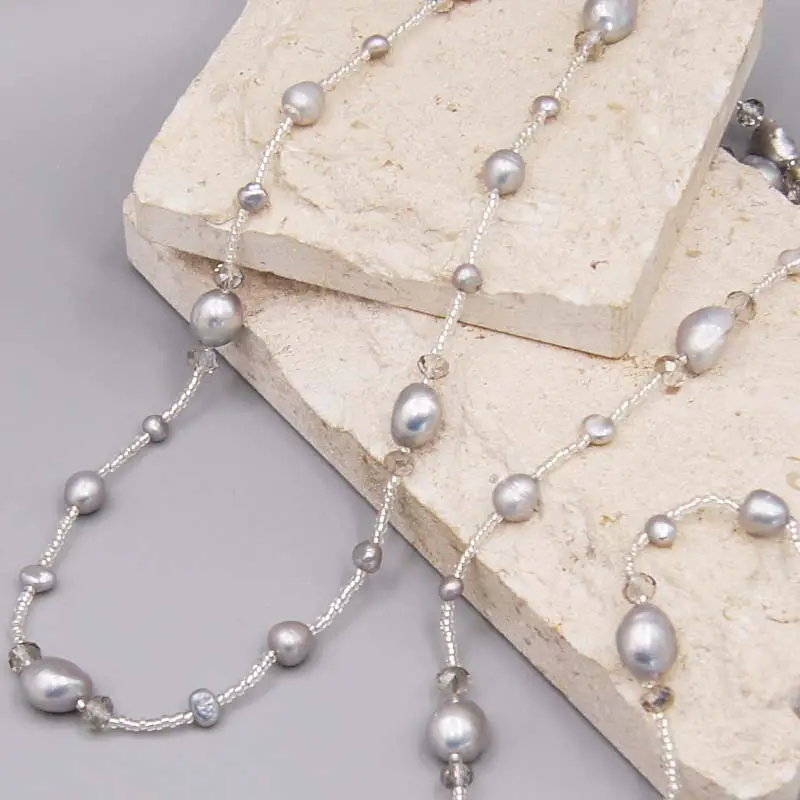 Handmade Tiny Glass Beads and Grey Pearl Long Necklace Custom Fashion Natural Baroque Freshwater Pearl Necklace