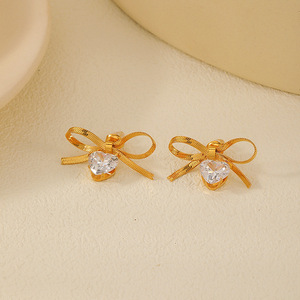 Bowknot <b>Stud</b> <b>Earrings</b> Gold <b>Crystal</b> Heart Rhinestone 18K Plated Party Fashion Jewelry - Product Image 2