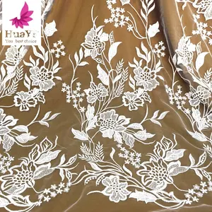 2021 رائع الأبيض ثوب حريري للزفاف الدانتيل مع الترتر الفرنسية النسيج صافي فستان الزفاف HY1365-2