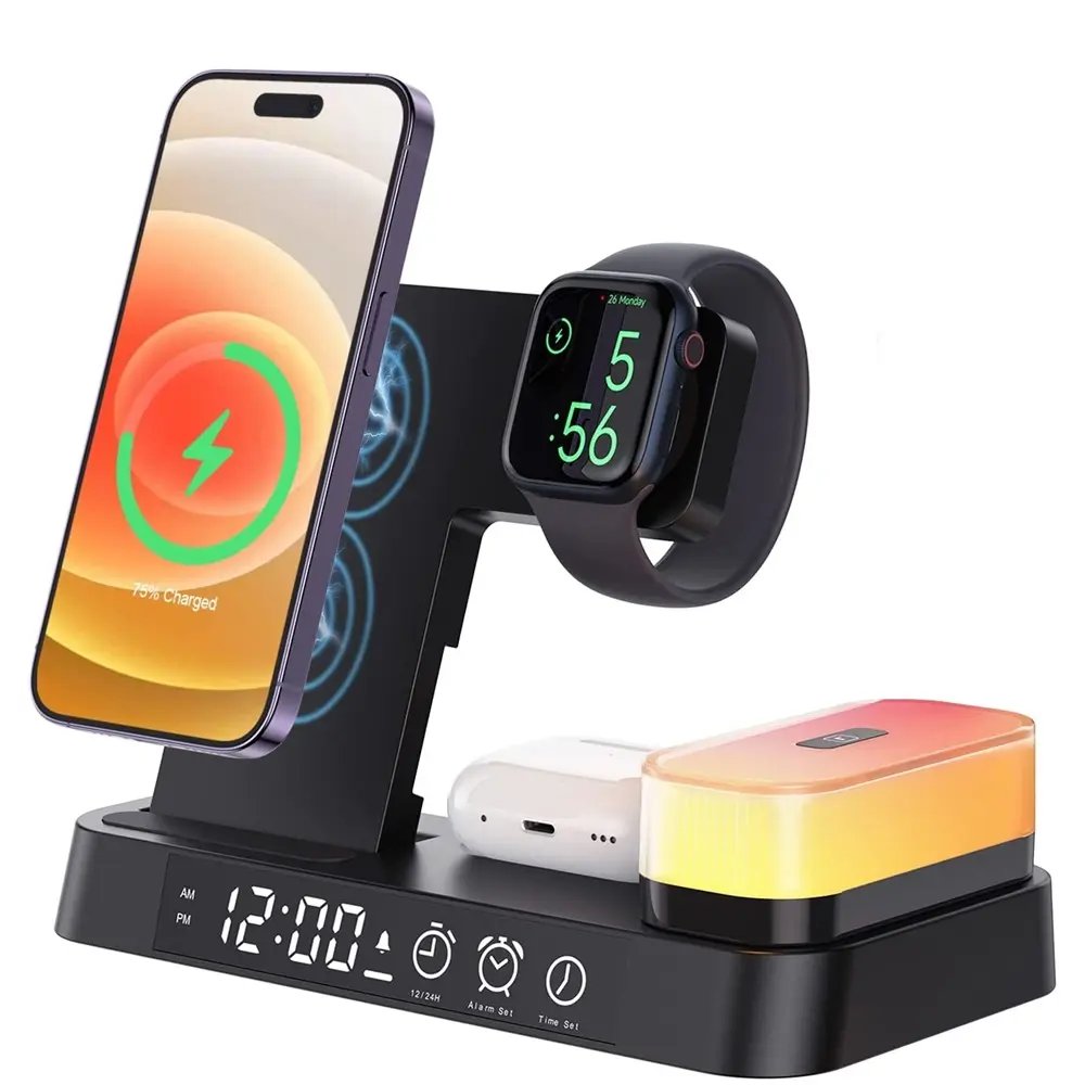 Kablosuz şarj 5 in 1 30W şarj istasyonu çalar saat gece işık iPhone 14 13 12 11 XR XS 8 iWatch 8 7 6 SE AirPods Pro