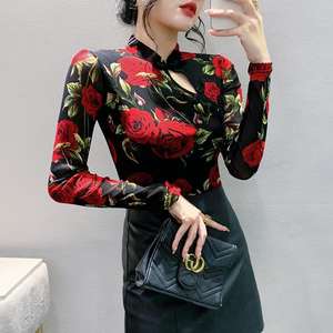 Primavera nueva <span class=keywords><strong>camiseta</strong></span> <span class=keywords><strong>de</strong></span> manga larga con estampado Floral <span class=keywords><strong>de</strong></span> malla con diseño <span class=keywords><strong>de</strong></span> <span class=keywords><strong>boca</strong></span> <span class=keywords><strong>de</strong></span> placa <span class=keywords><strong>de</strong></span> estilo Retro adelgazante para <span class=keywords><strong>mujer</strong></span> - Product Image 4