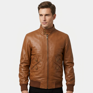 Chaqueta Bomber de Cuero Genuino para Hombre, Cuello Alto, Piel de Vacuno, Doble Bolsillo, Ribete de Punto, Clásica, Cálida para Invierno - Product Image 1