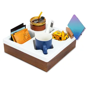 OEM Bamboo Wooden Acacia Sofa Couch Cup Holder Tray Soft Silicone Couch Caddy Sofa Arm Tray Couchbar Snackbar Snackbox For Sofa