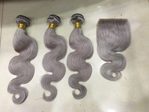 12a Argent Gris Couleur Cheveux Corps Ondulés Brésiliens Humides et Ondulés Gris Cheveux Trames Bundles de Cheveux Humains avec Fermeture au Prix de Gros - Product Image 4
