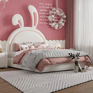 Güzel tasarım sevimli stil çocuk yatak odası mobilyası karikatür tavşan kız yatak deri çocuk yatak takımı katı ahşap çerçeve çocuk yatakları