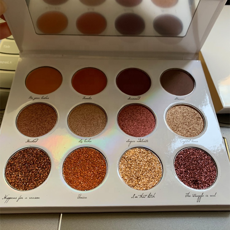 12 цветов, белые голографические пустые часы в коробке, темные веганские высокопигментные тени для век с фирменной этикеткой