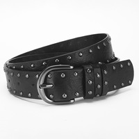 Production Personnalisée – Jean Femme Style Rétro Vintage à Double Rangée de Rivets et Boucle Ardillon, en Cuir PU Noir Tendance et Alliage