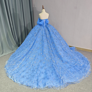 Robe de bal bleue scintillante à épaules dénudées avec corsage perlé, appliques florales en dentelle et traîne en tulle superposé 1230 - Product Image 6