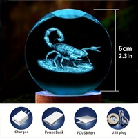 Boule décorative en cristal gravée au laser 3D en forme de scorpion, statue d'insecte en verre avec base, vente en gros