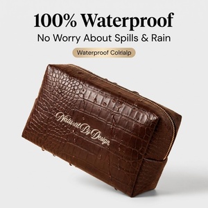 Grande trousse de maquillage en cuir PU à motif crocodile, trousse de toilette de luxe marron pour femmes, trousse de toilette à imprimé crocodile - Product Image 3