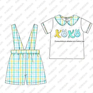 Bulk Großhandel Baby Boy Kleidung benutzer definierte karierte Overalls mit Hemd Outfit Donut Stickerei gestrickt Kleinkind Jungen Set für Ostern