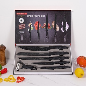 Lot de 6 couteaux de cuisine en acier inoxydable avec éplucheur, revêtement antiadhésif, lame noire, pour la découpe - Vente en gros - Product Image 5
