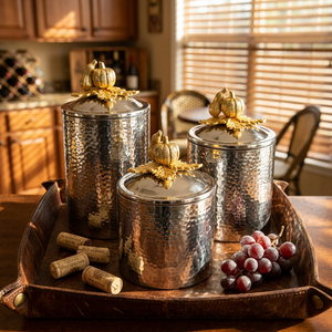 Stainless Steel Hammered Silver Storage Jars Gold Pumpkin Lid Kitchens Decorative <b>Canister</b> <b>Set</b> for Tea Coffee and Sugar - Product Image 1