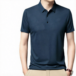 <b>Men's</b> Solid Color Short Sleeve Polo <b>Shirt</b> Knitted Casual Button Design Navy Blue Regular Fit - Product Image 1