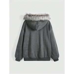Veste polaire oversize zippée pour femme, style gothique, avec capuche en fourrure, ailes et croix, streetwear - Product Image 2